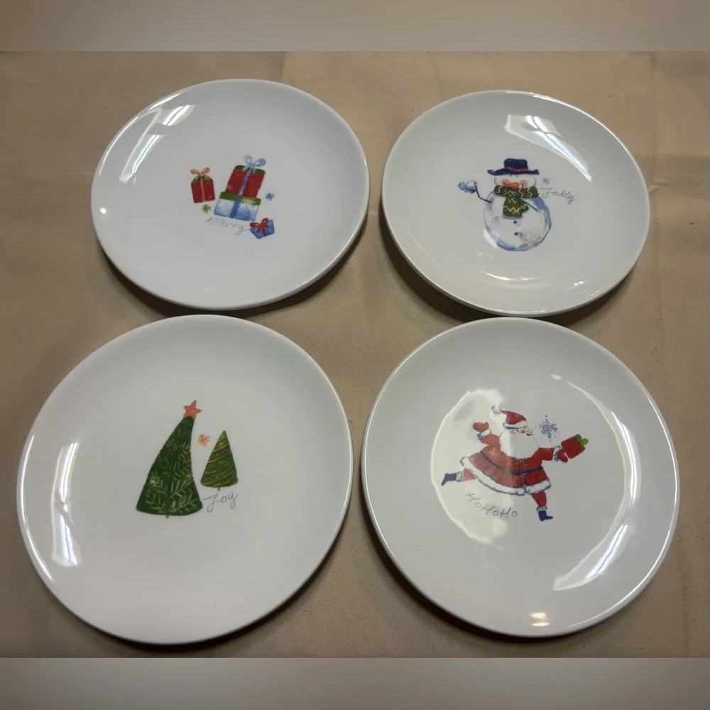 Pier 1 Imports Christmas Appetizer 4 Plates Holiday Theme 6” Santa, Snowman Flaw